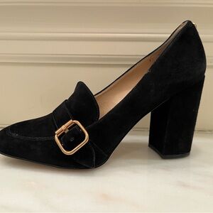 Black Suede Block Heeled Sam Edelman Ellison Loafer with Gold Buckle Sz 8.5 MINT